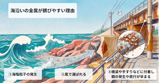 海から何kmでさびやすくなる？飛来塩分と腐食速度の関係を解説